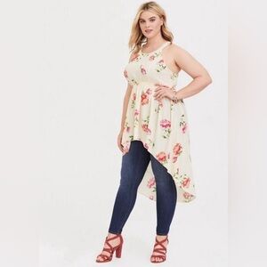 Torrid Women’s Ivory Floral Georgette Goddess Tunic Tank Top Hi Low - Size Large
